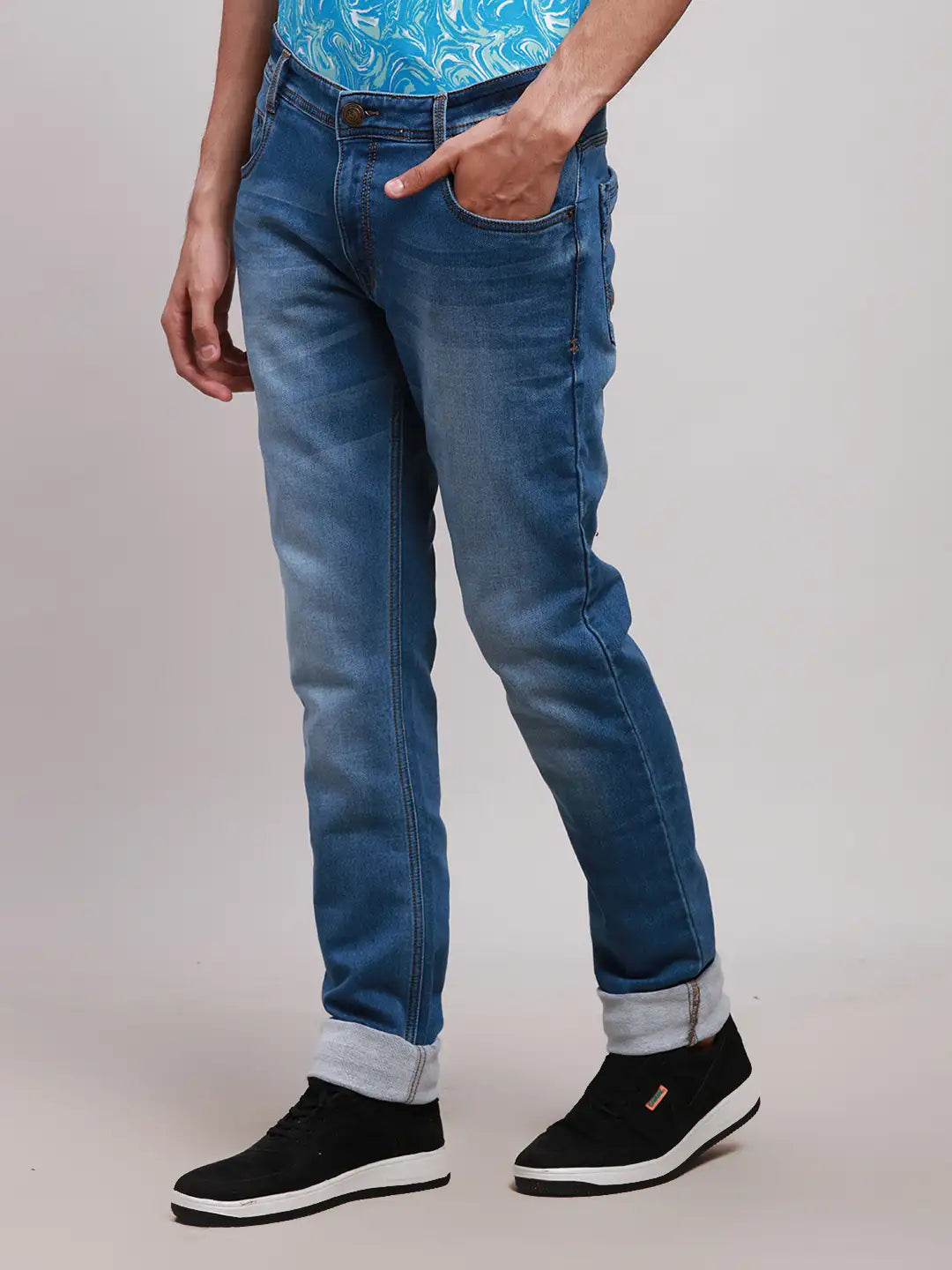 Men Blue Slim Tapered Fit Plain Cotton Blend Jeans