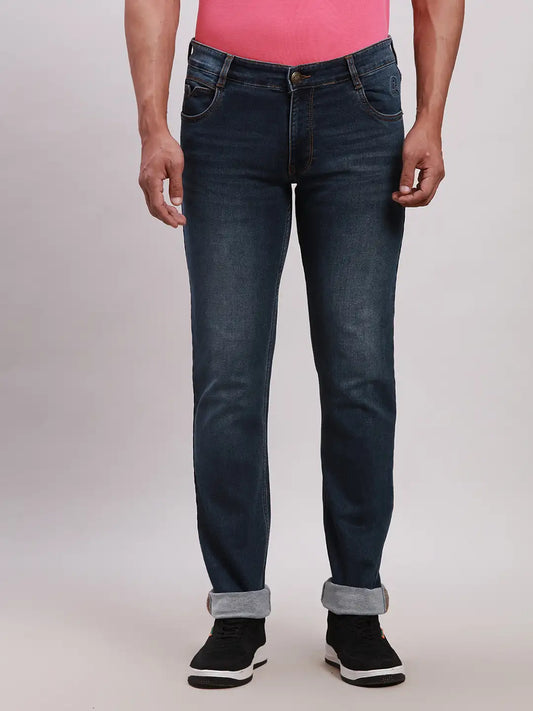 Men Blue Slim Tapered Fit Plain Cotton Blend Jeans