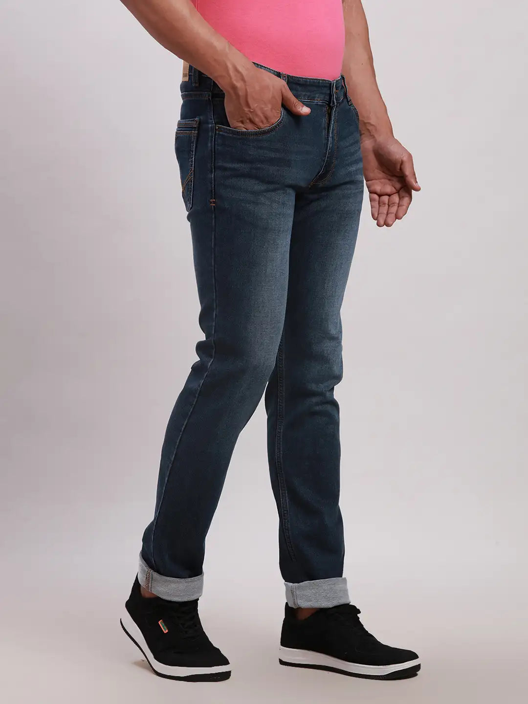 Men Blue Slim Tapered Fit Plain Cotton Blend Jeans