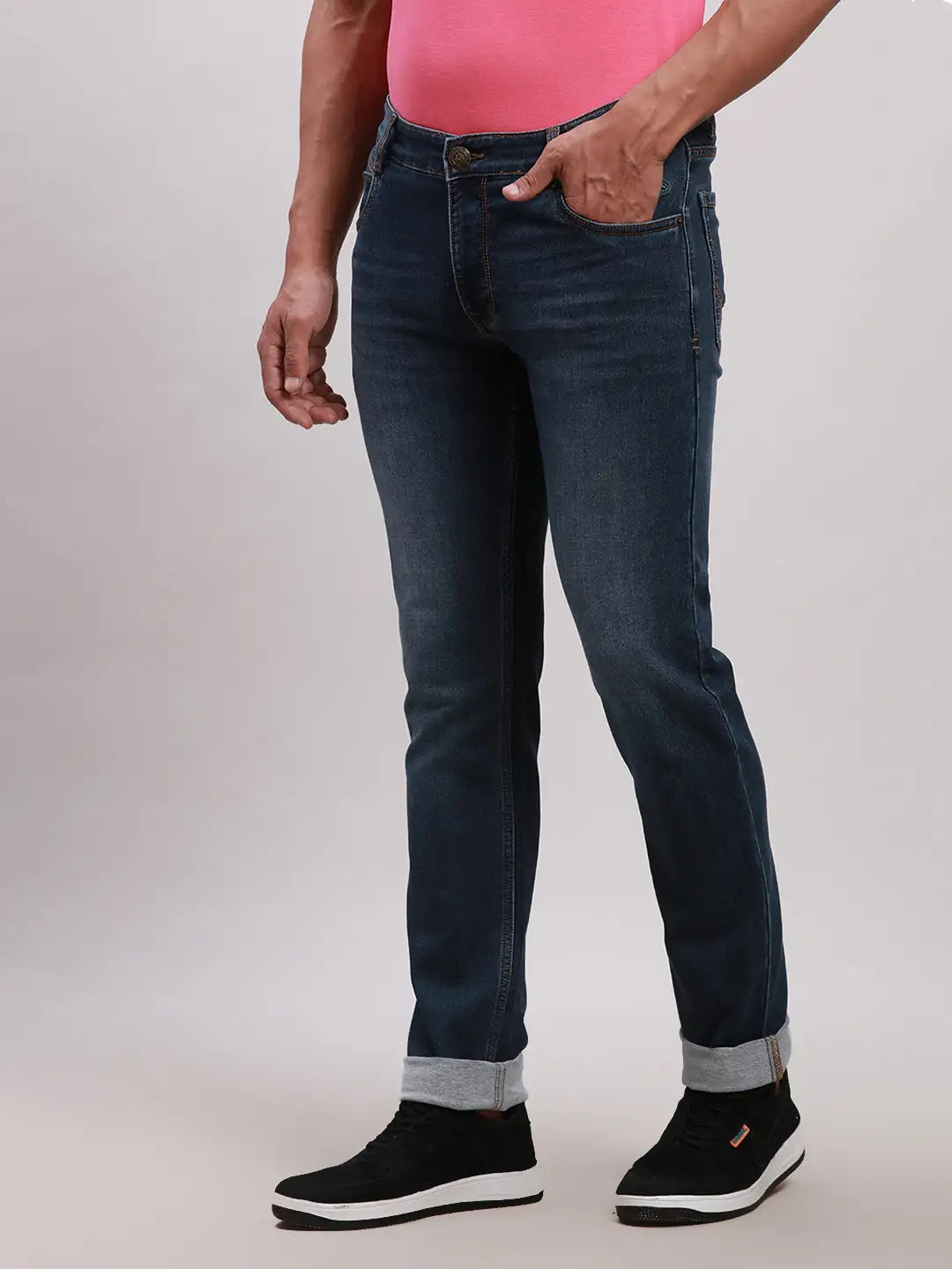Men Blue Slim Tapered Fit Plain Cotton Blend Jeans