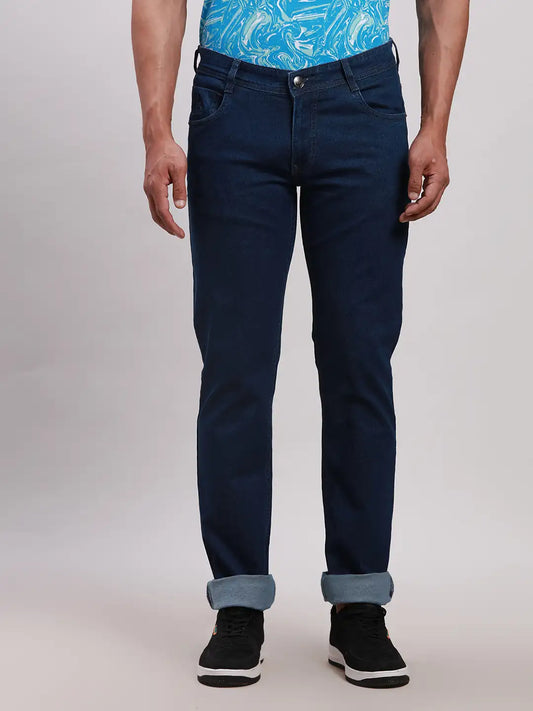 Parx Men Blue Twill Low Rise Tapered Fit Cotton Blend Jeans