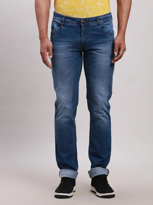 Men Blue Slim Tapered Fit Dobby Cotton Blend Jeans