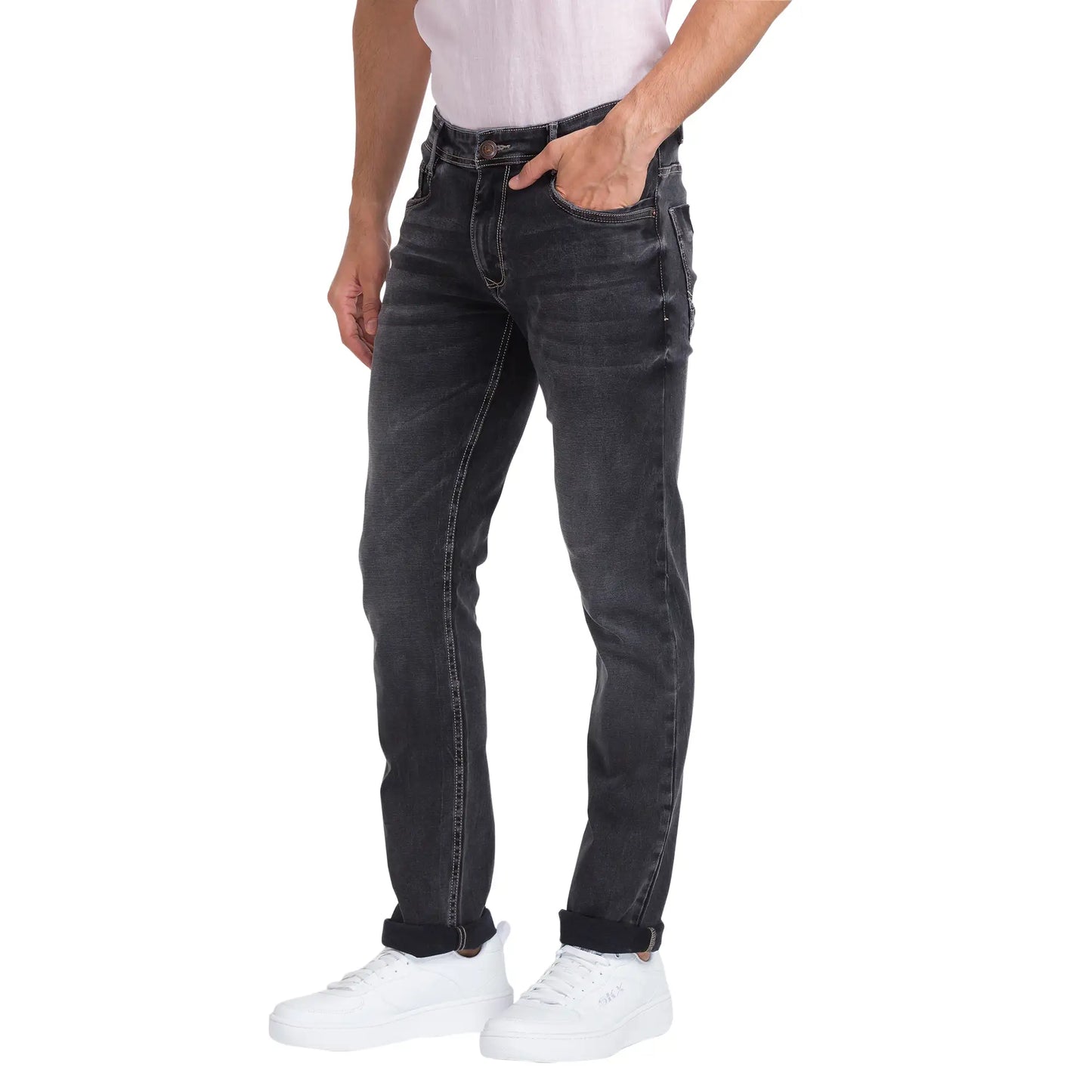 Men Black Slim Tapered Fit Dobby Cotton Blend Jeans – MyRaymond