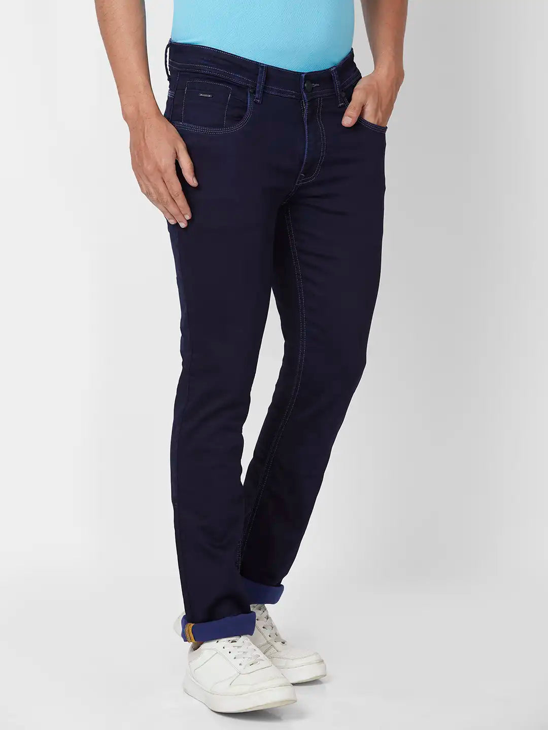 Parx Tapered Fit Solid Medium Blue Jeans
