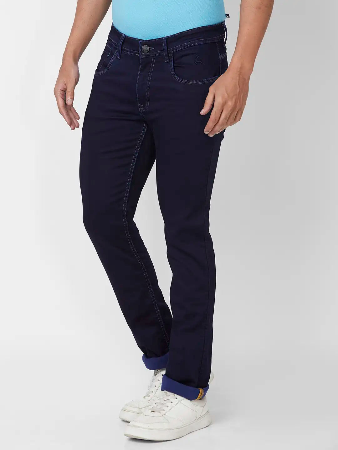 Parx Tapered Fit Solid Medium Blue Jeans