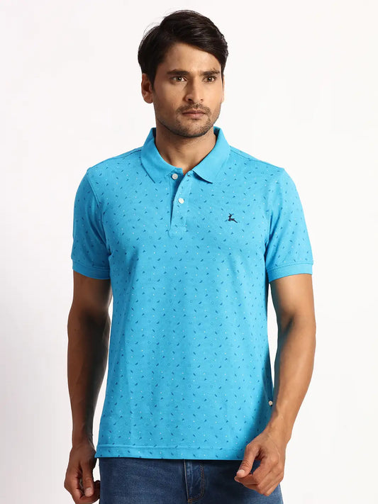 Parx Men Blue Solid Regular Fit Cotton Intarsia Neck T-Shirt