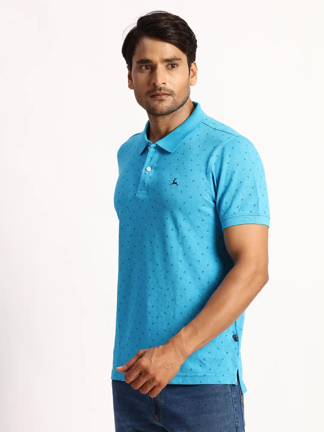 Parx Men Blue Solid Regular Fit Cotton Intarsia Neck T-Shirt