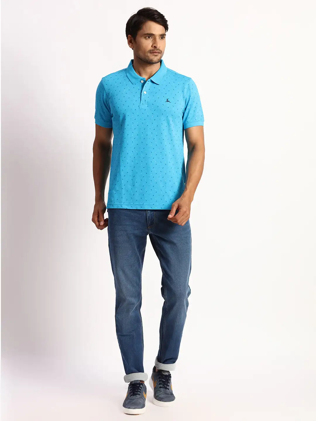 Parx Men Blue Solid Regular Fit Cotton Intarsia Neck T-Shirt