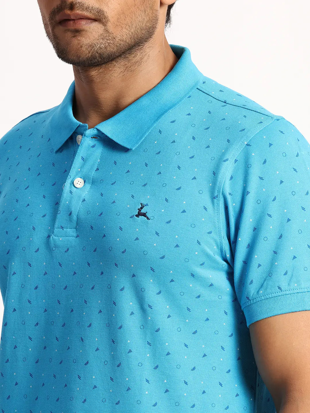 Parx Men Blue Solid Regular Fit Cotton Intarsia Neck T-Shirt