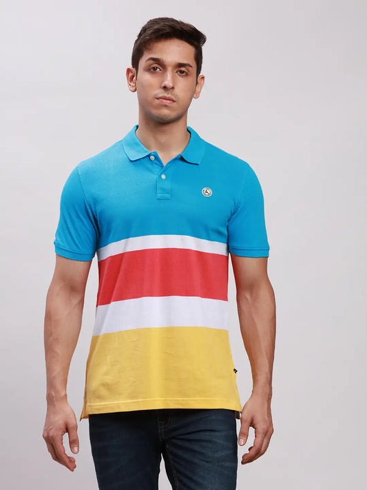 Men Blue Regular Fit Yarn Dyed Cotton Polo Neck Collar T-Shirt