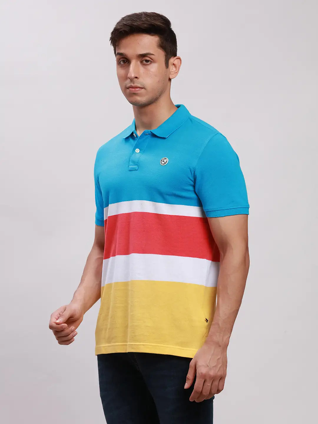 Men Blue Regular Fit Yarn Dyed Cotton Polo Neck Collar T-Shirt