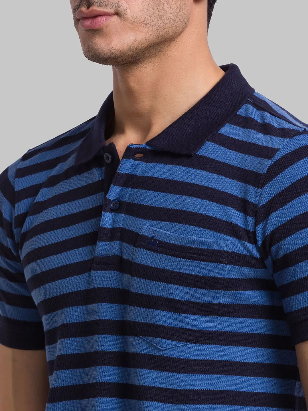 Men Blue Regular Fit Yarn Dyed Cotton Round Neck Collar Polo T-Shirt ...