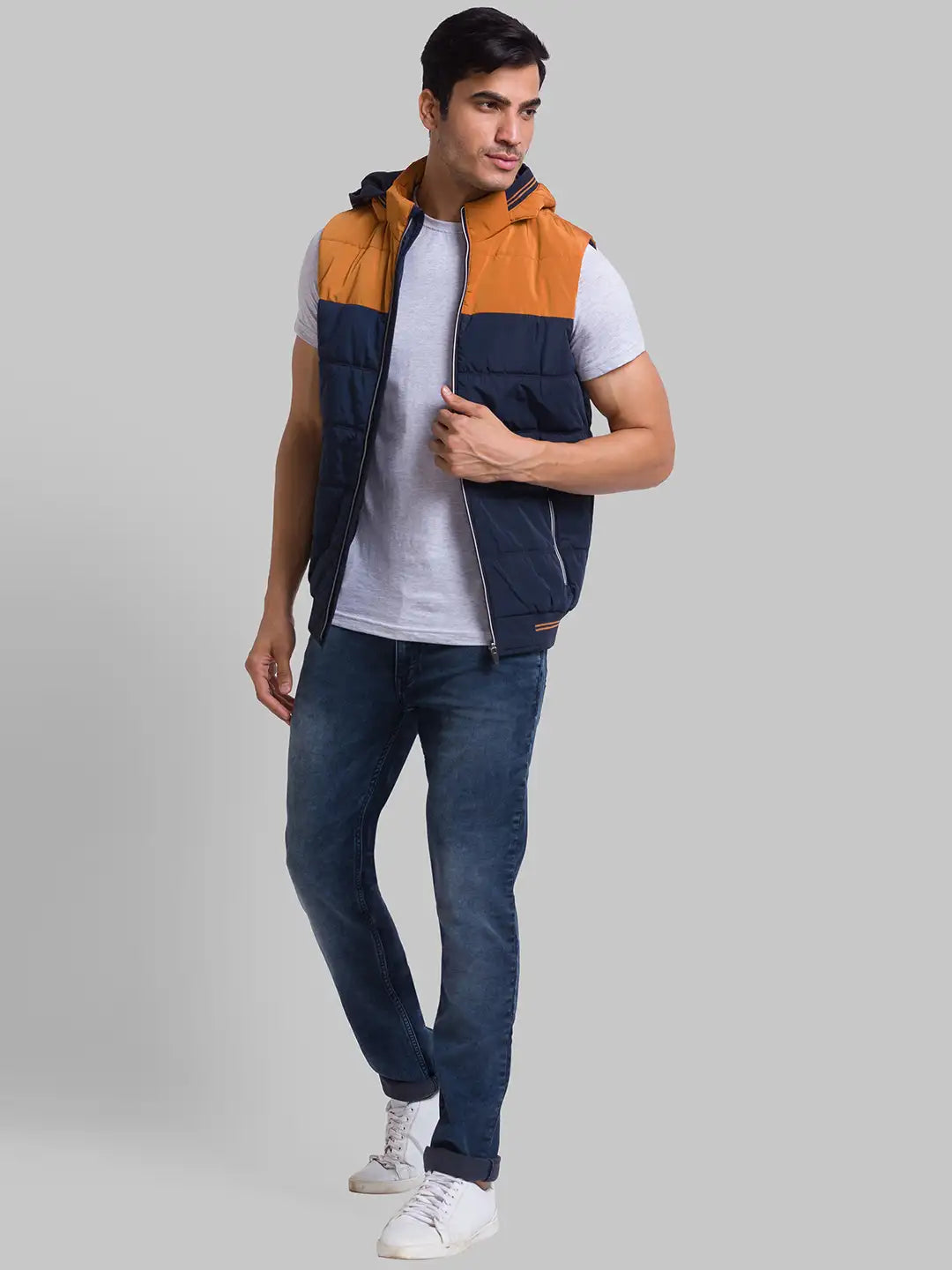 Men Blue Cut Sew Polyester Sleeveless Jackets MyRaymond