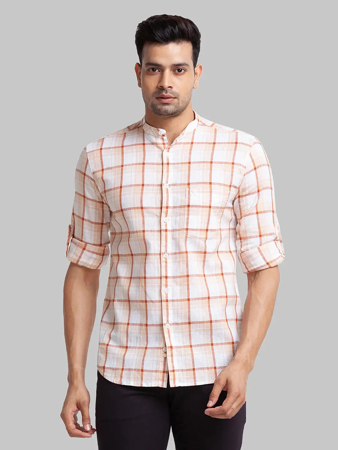 Men Brown Slim Fit Checks Linen Cotton Blend Full Sleeve Shirts – MyRaymond