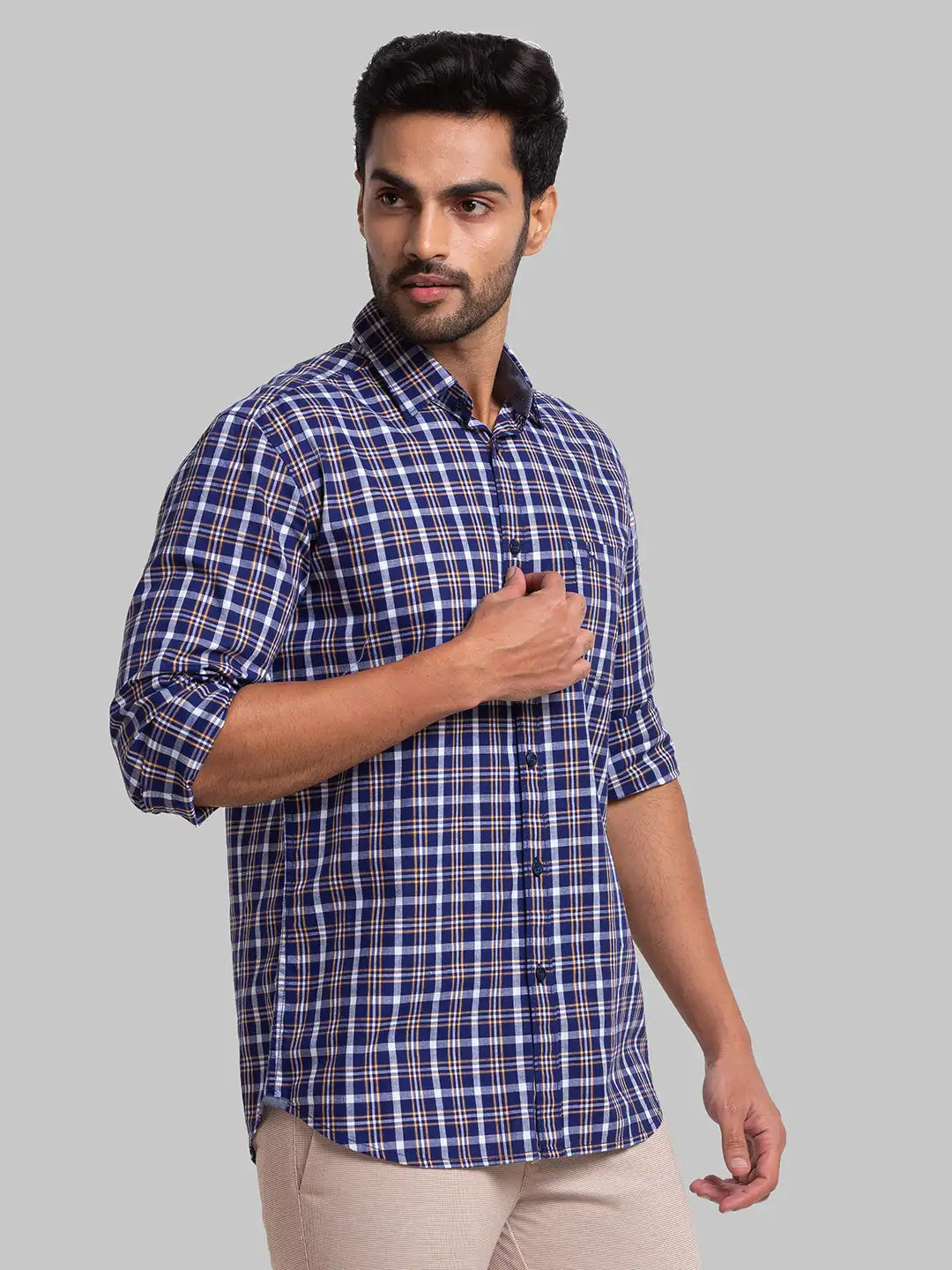 Men Blue Slim Fit Checks Cotton Full Sleeve Shirts – MyRaymond