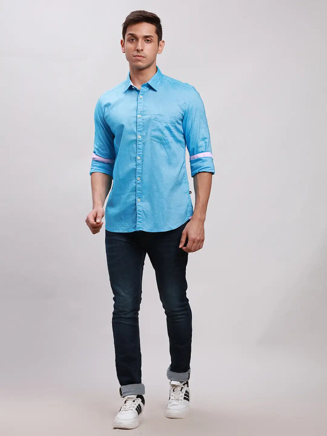 Parx Men White Printed Slim Fit Cotton Full Sleeve Cut Away Collar Shirt