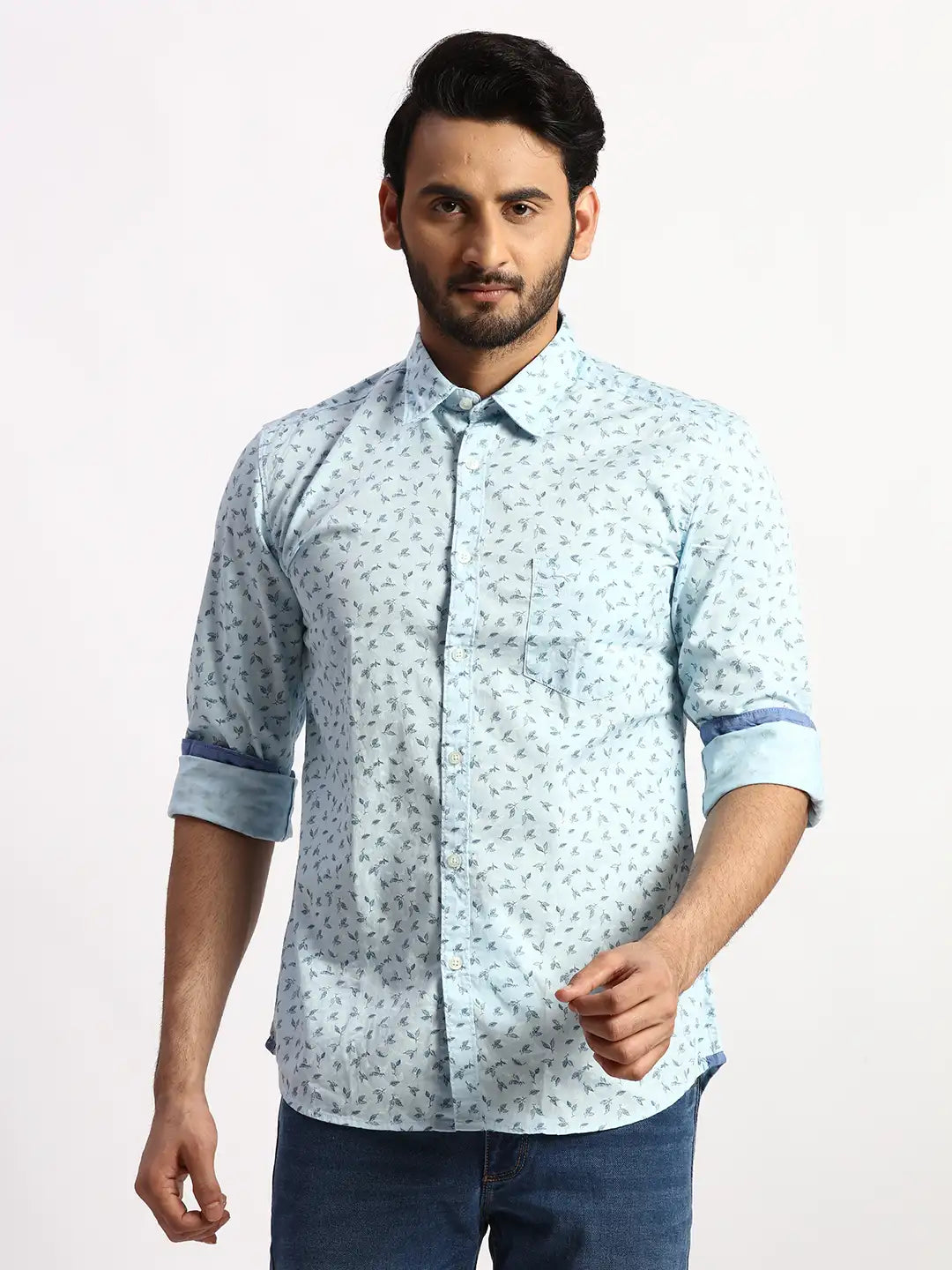 Men Red Slim Fit Print Cotton Full Sleeve Cut Away Collar Shirts