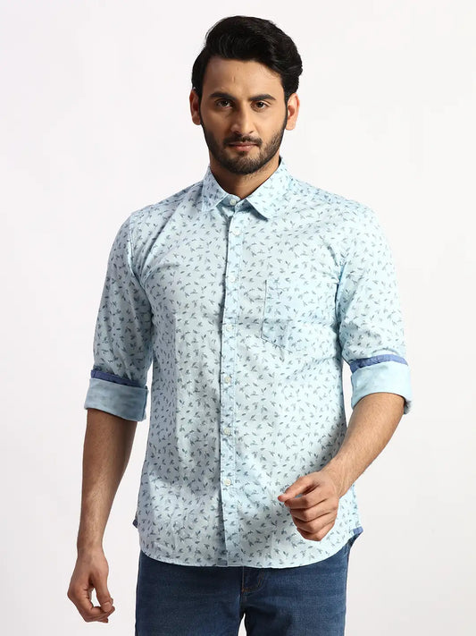 Men Red Slim Fit Print Cotton Full Sleeve Cut Away Collar Shirts