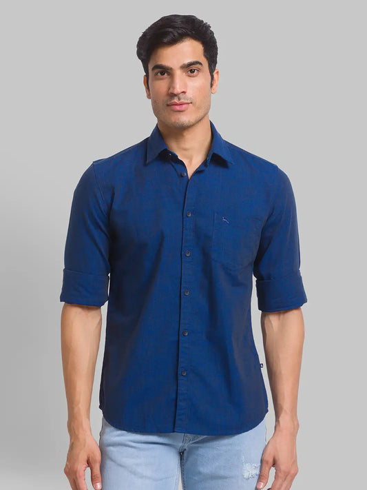 Parx Men Blue Printed Slim Fit Cotton Blend Full Sleeve Cut Away Collar Shirt