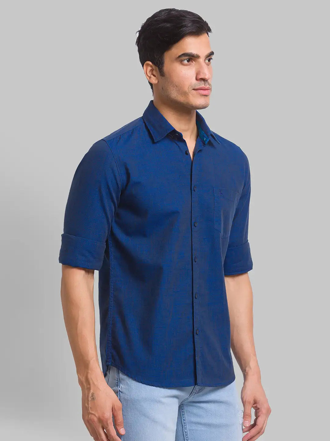 Parx Men Blue Printed Slim Fit Cotton Blend Full Sleeve Cut Away Collar Shirt