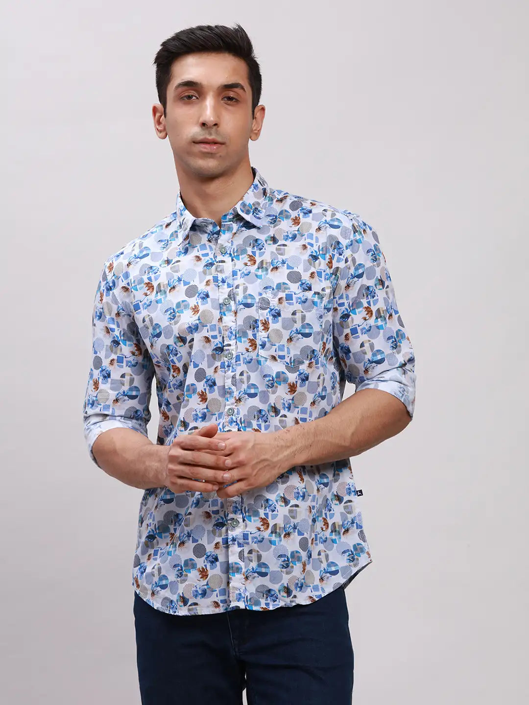 Parx Men Blue Printed Slim Fit Cotton Full Sleeve Cut Away Collar Shirt