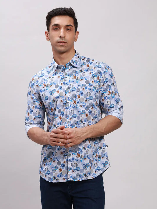Parx Men Blue Printed Slim Fit Cotton Full Sleeve Cut Away Collar Shirt