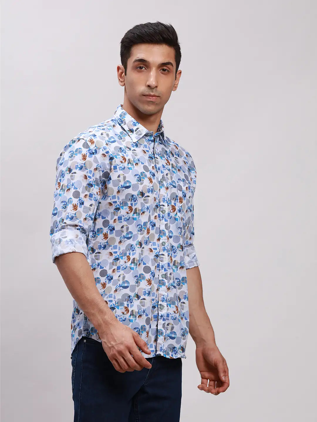 Parx Men Blue Printed Slim Fit Cotton Full Sleeve Cut Away Collar Shirt