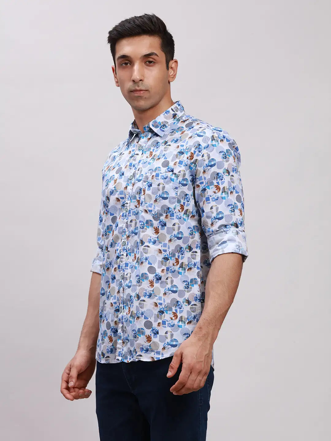 Parx Men Blue Printed Slim Fit Cotton Full Sleeve Cut Away Collar Shirt