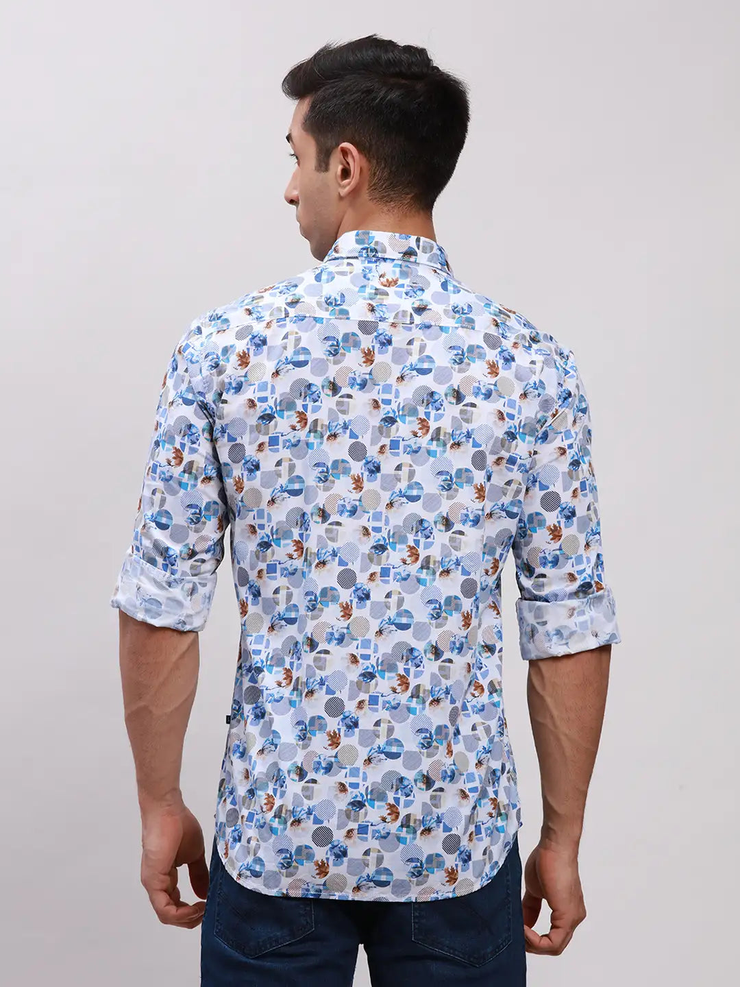 Parx Men Blue Printed Slim Fit Cotton Full Sleeve Cut Away Collar Shirt