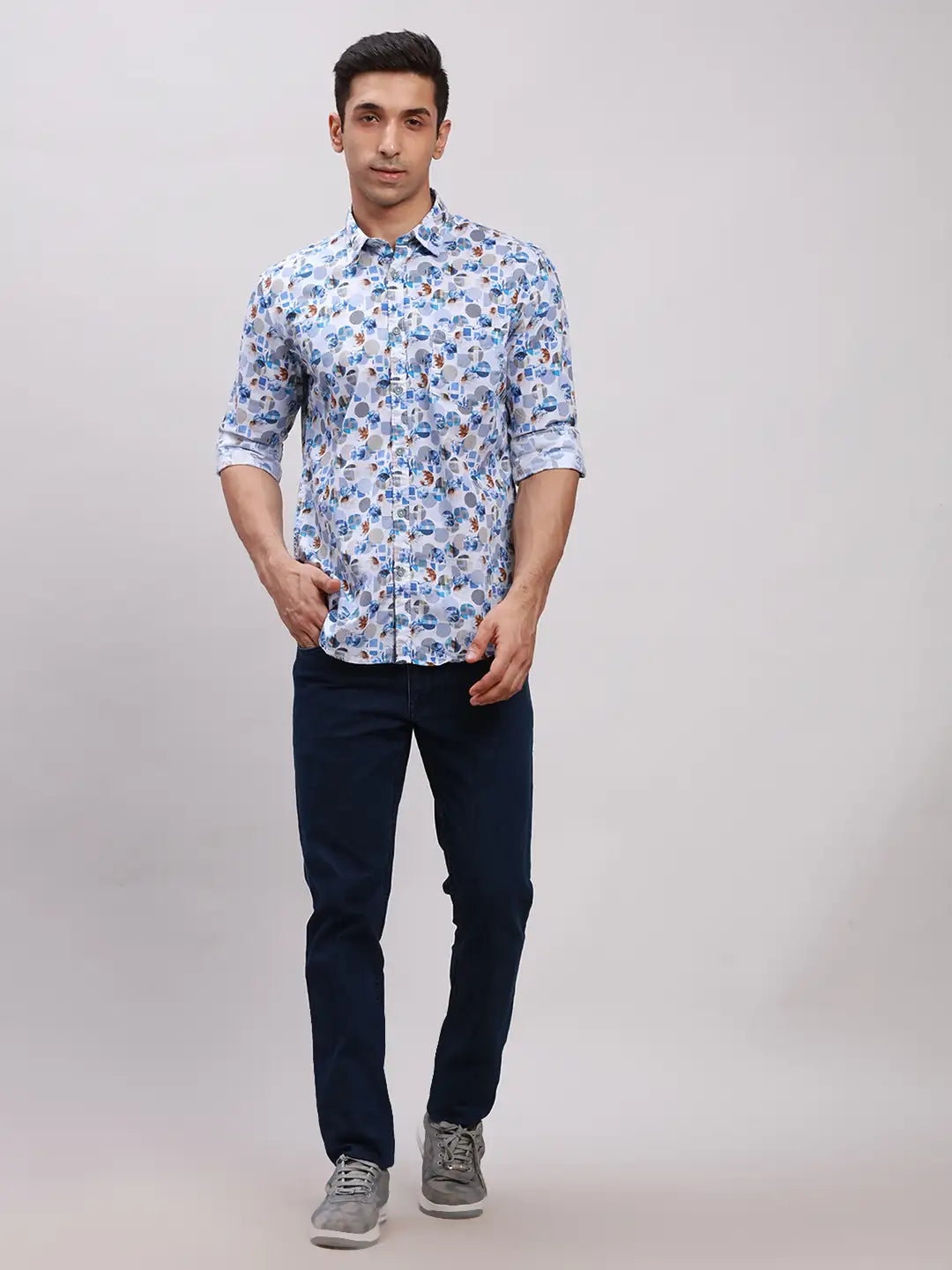 Parx Men Blue Printed Slim Fit Cotton Full Sleeve Cut Away Collar Shirt