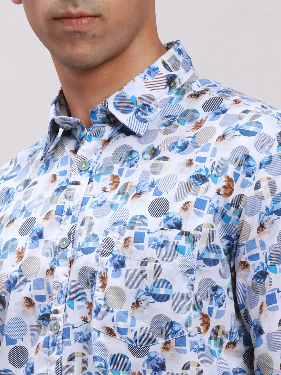 Parx Men Blue Printed Slim Fit Cotton Full Sleeve Cut Away Collar Shirt