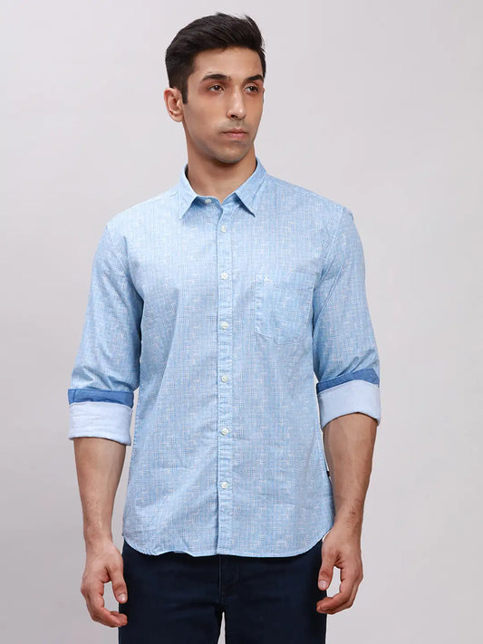 Parx Men Blue Checks Slim Fit Cotton Full Sleeve Cut Away Collar Shirt