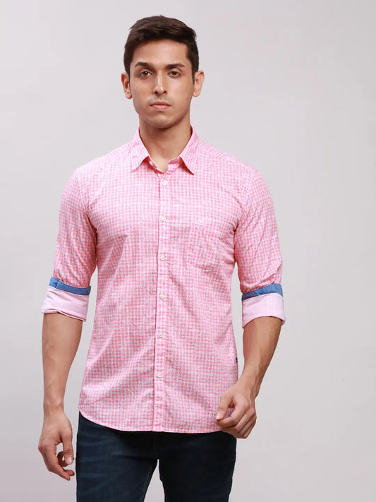 Men Grey Slim Fit Checks Cotton Full Sleeve Cut Away Collar Shirts
