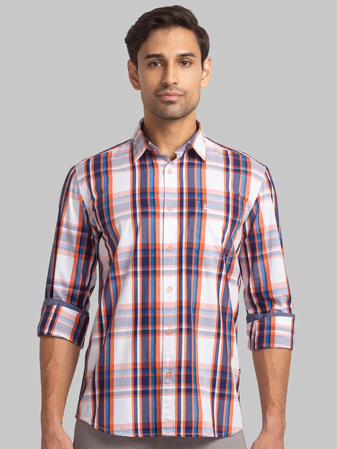 Parx Men Orange Checks Slim Fit Cotton Blend Full Sleeve Shirts