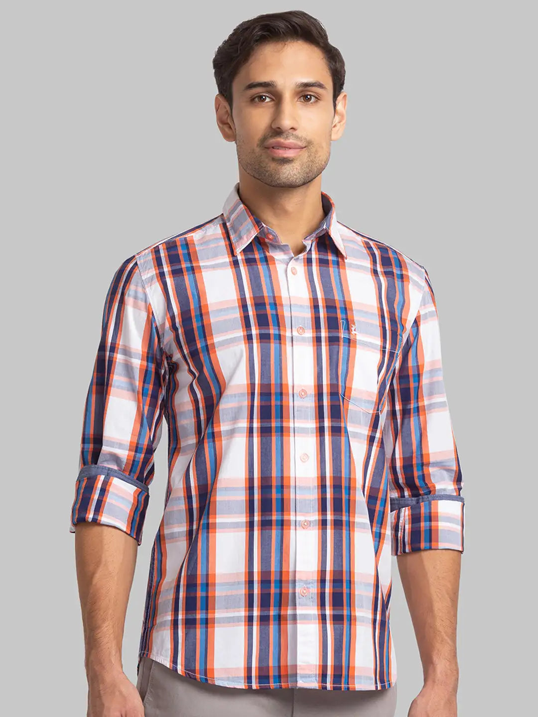 Parx Men Orange Checks Slim Fit Cotton Blend Full Sleeve Shirts