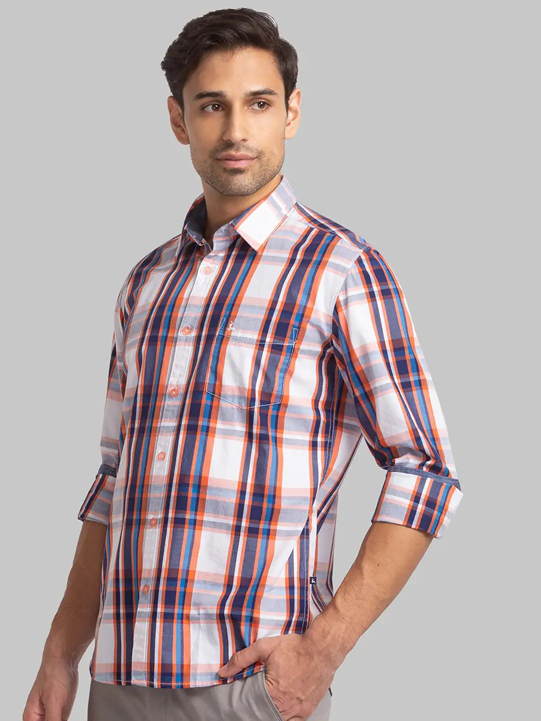 Parx Men Orange Checks Slim Fit Cotton Blend Full Sleeve Shirts