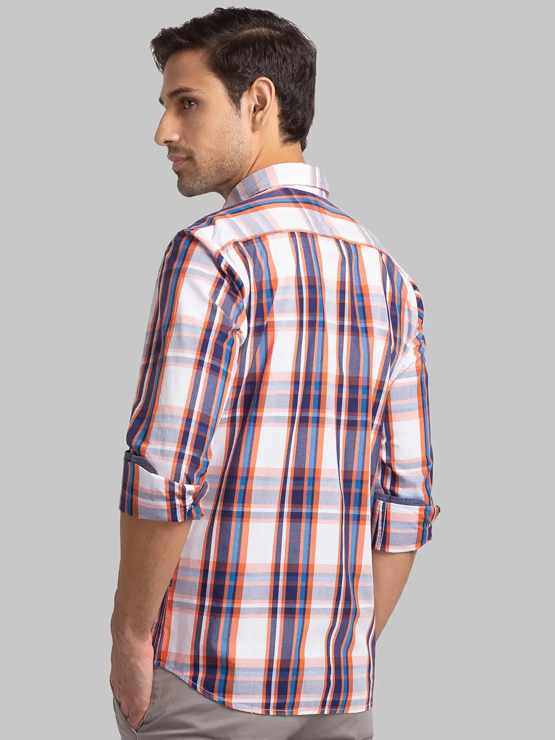Parx Men Orange Checks Slim Fit Cotton Blend Full Sleeve Shirts