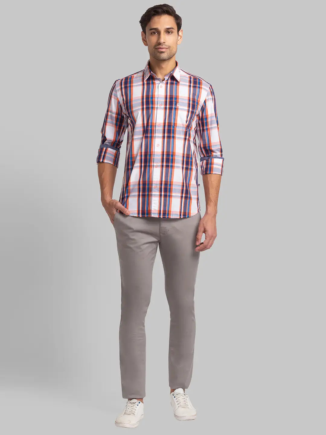Parx Men Orange Checks Slim Fit Cotton Blend Full Sleeve Shirts