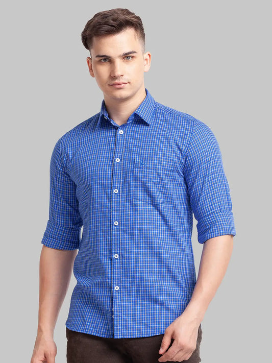 Parx Men Blue Printed Slim Fit Cotton Full Sleeve Cut Away Collar Shirt