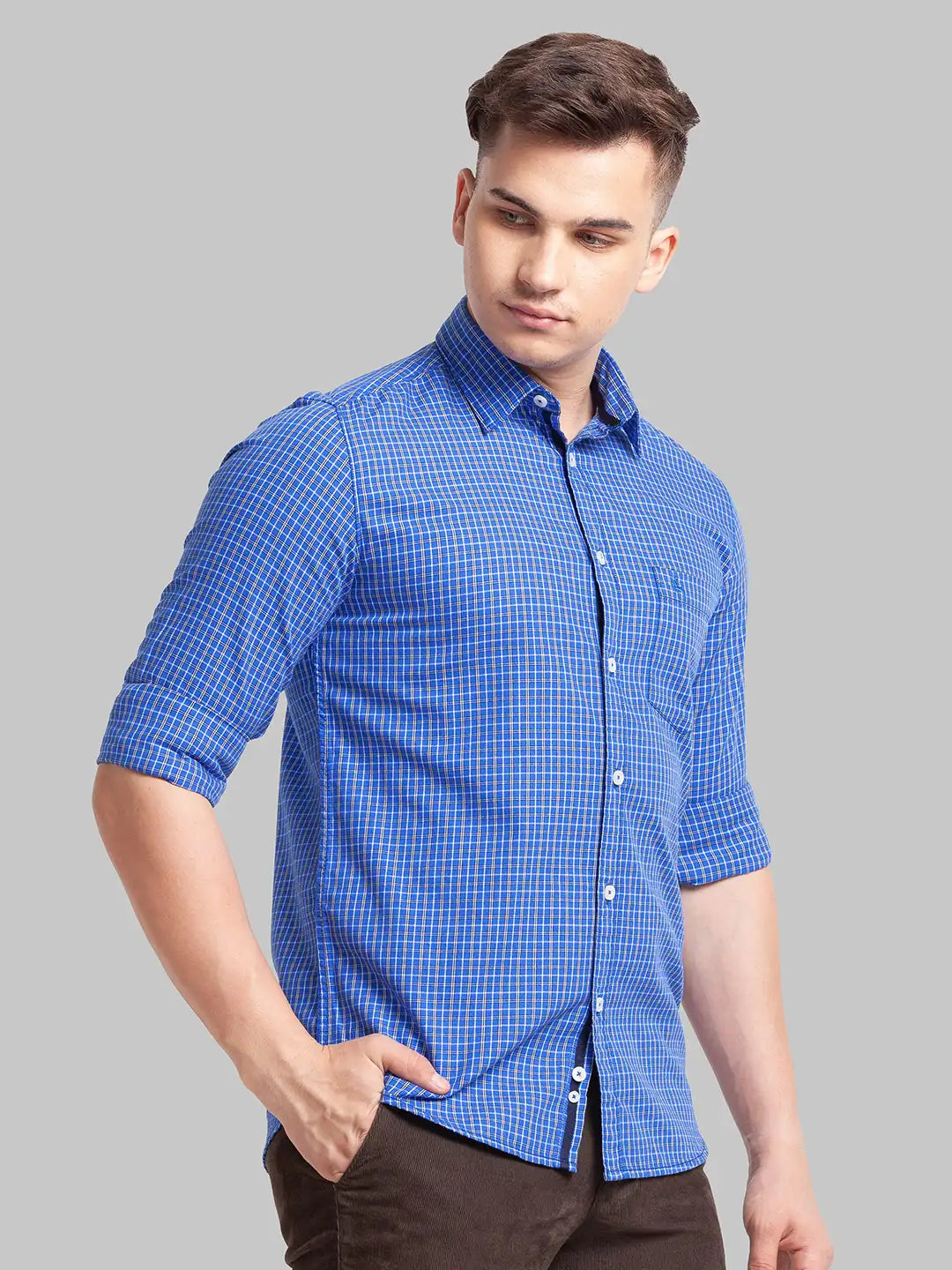 Parx Men Blue Printed Slim Fit Cotton Full Sleeve Cut Away Collar Shirt