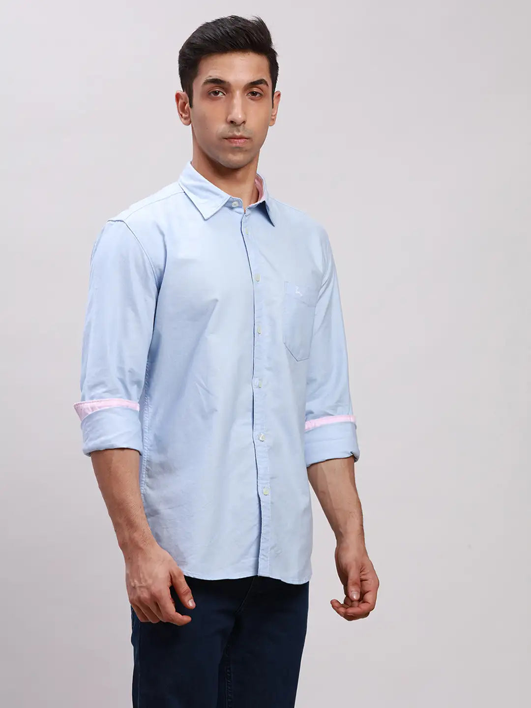 Men Blue Slim Fit Solid Cotton Full Sleeve Cut Away Collar Shirts ...