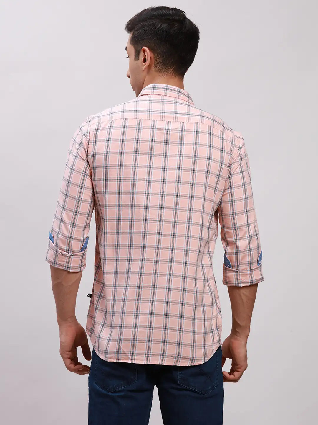 Parx Men Green Checks Slim Fit Cotton Full Sleeve Cut Away Collar Shirt