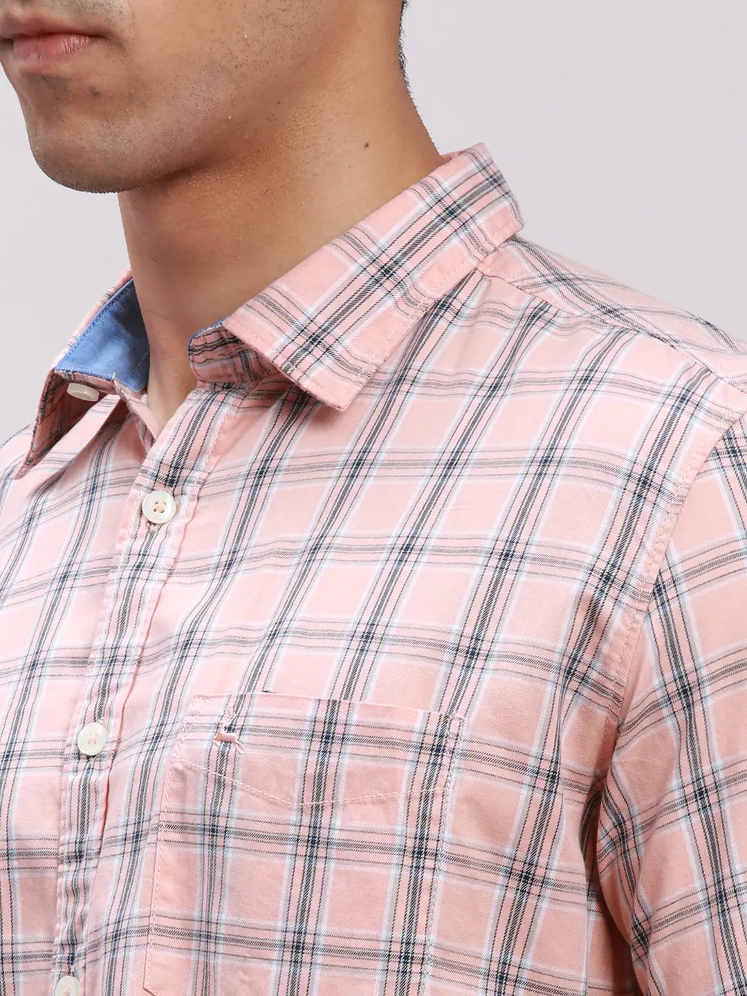 Parx Men Green Checks Slim Fit Cotton Full Sleeve Cut Away Collar Shirt