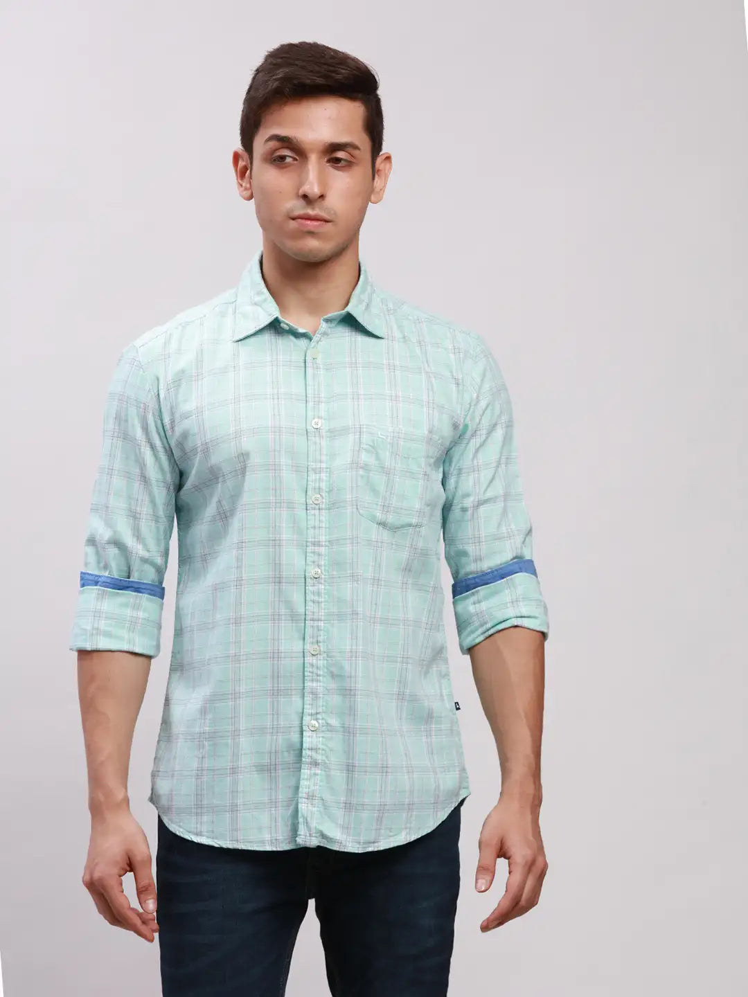 Parx Men Yellow Checks Slim Fit Cotton Full Sleeve Cut Away Collar Shirt