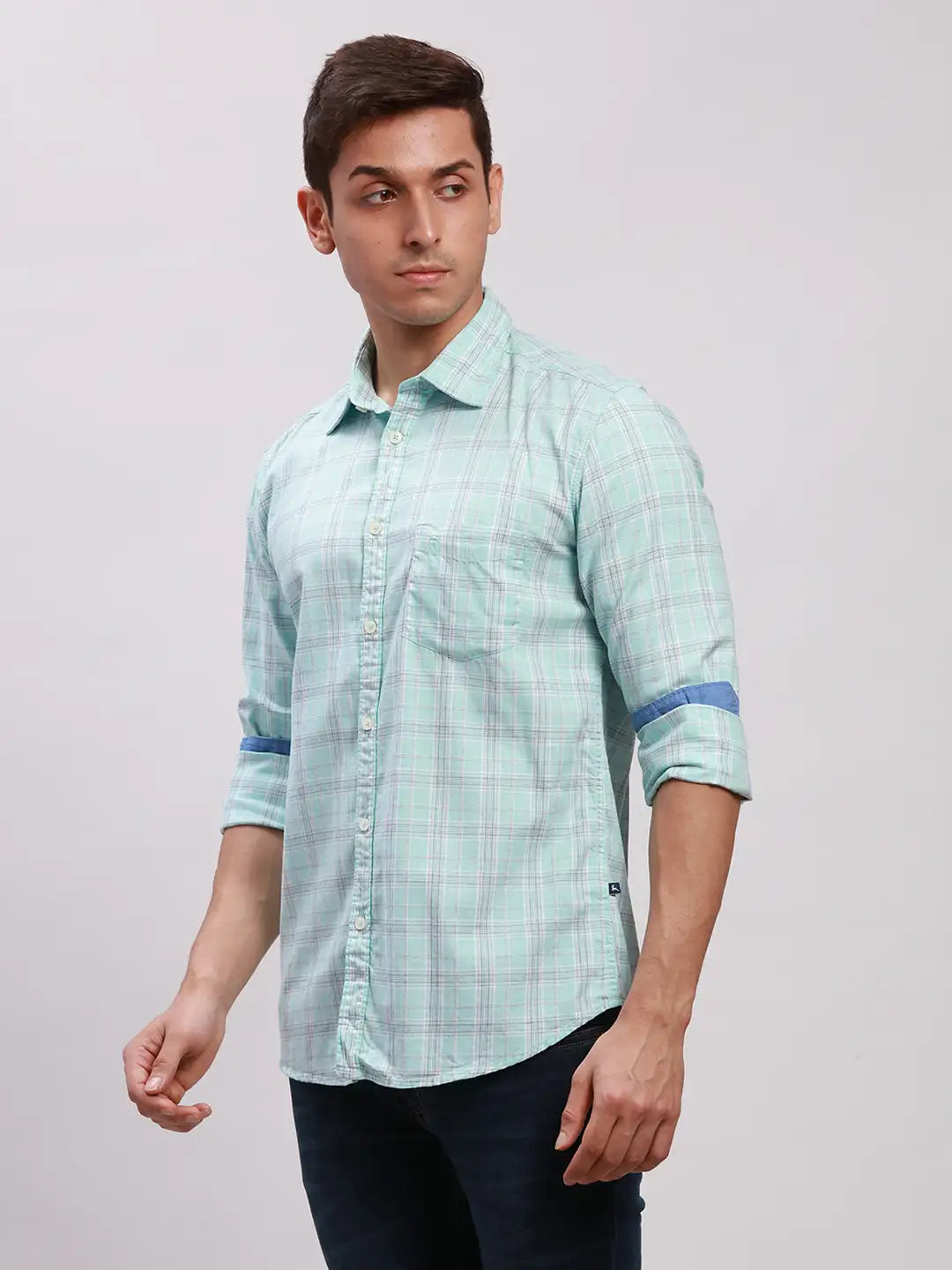 Parx Men Yellow Checks Slim Fit Cotton Full Sleeve Cut Away Collar Shirt