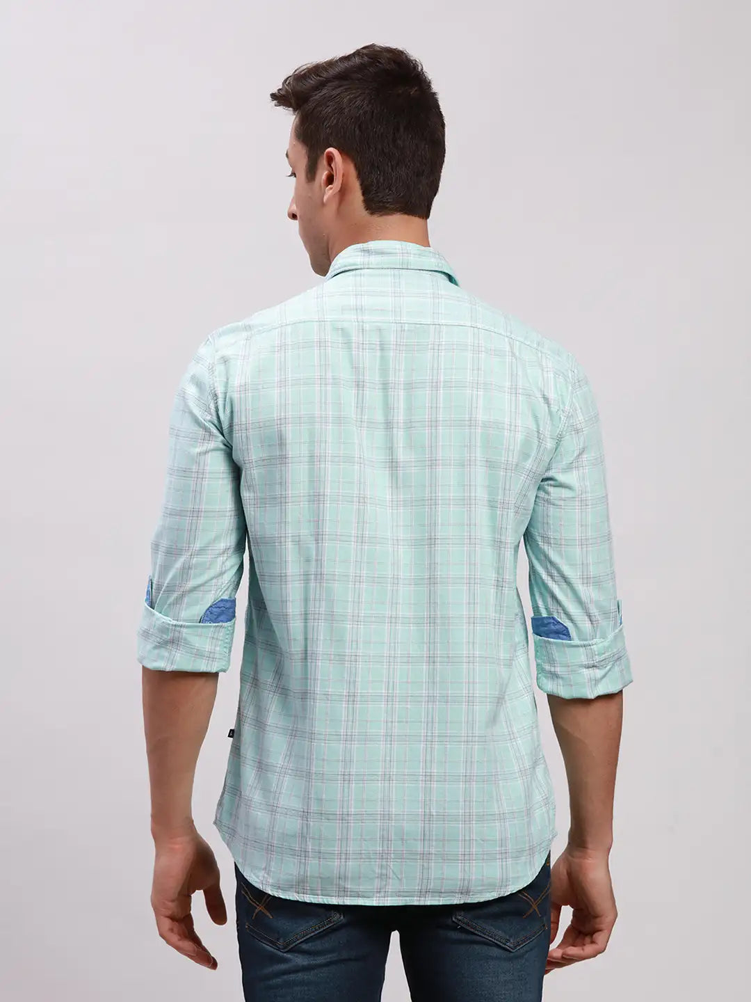 Parx Men Yellow Checks Slim Fit Cotton Full Sleeve Cut Away Collar Shirt