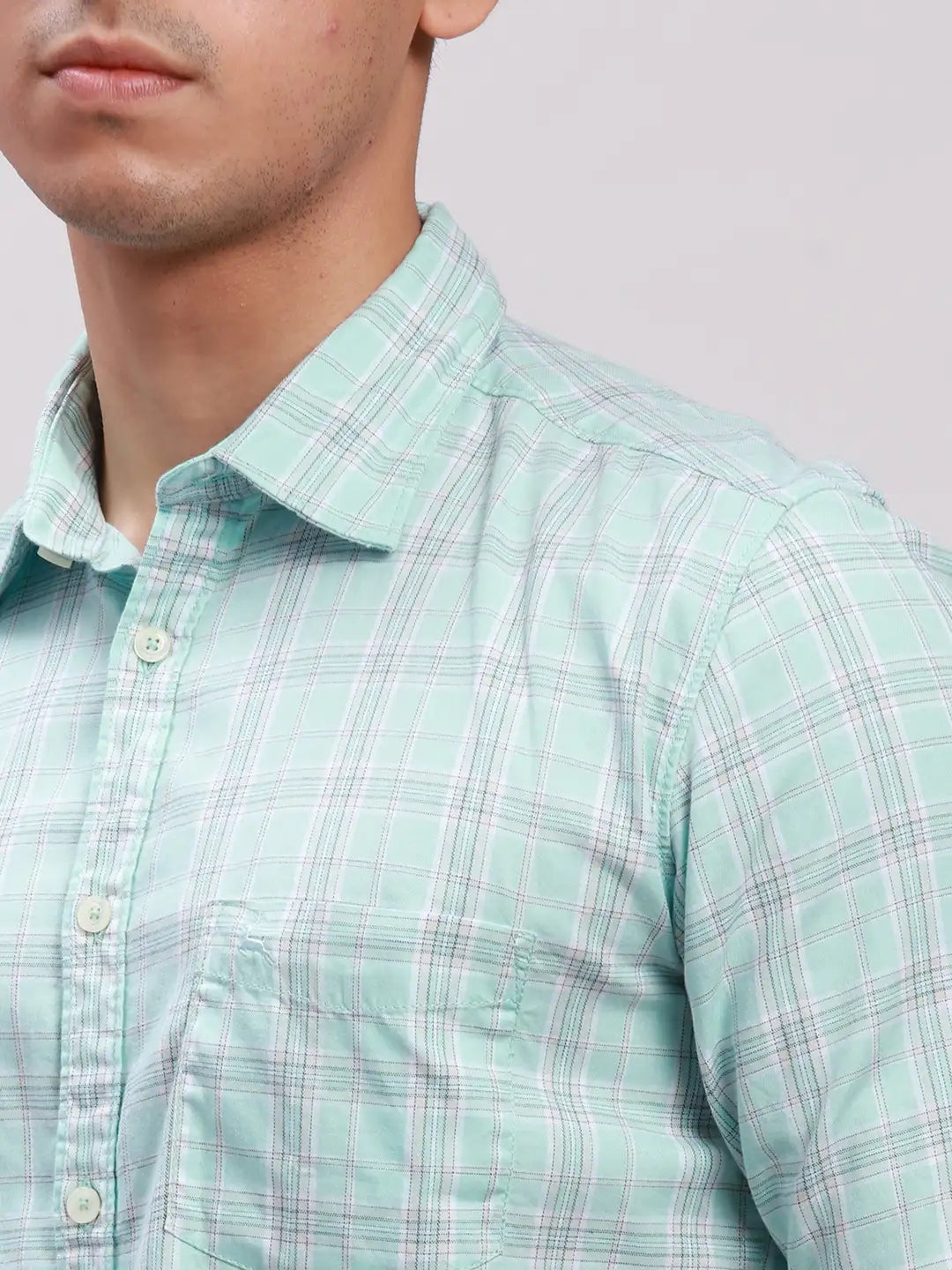 Parx Men Yellow Checks Slim Fit Cotton Full Sleeve Cut Away Collar Shirt