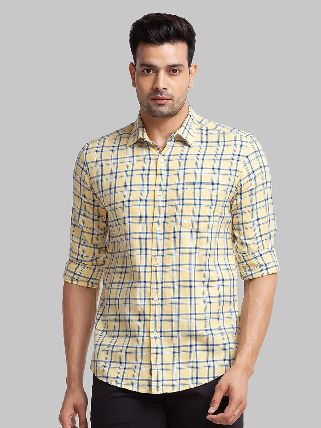 Parx Men Yellow Printed Slim Fit Cotton Full Sleeve Cut Away Collar Shirt
