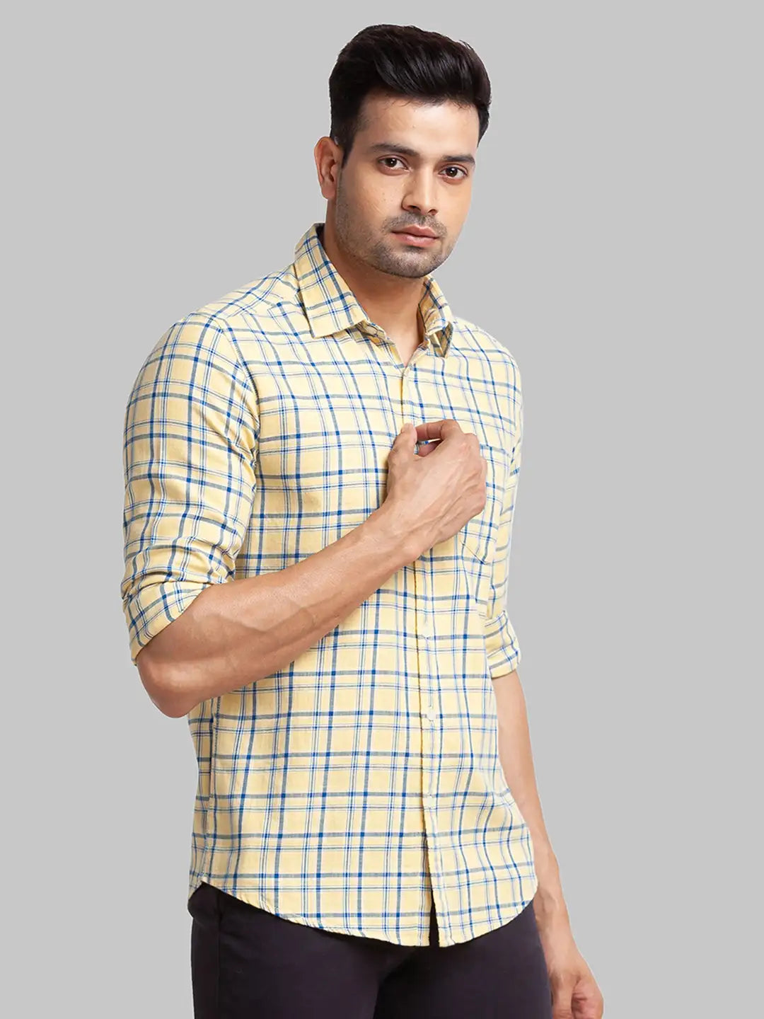 Parx Men Yellow Printed Slim Fit Cotton Full Sleeve Cut Away Collar Shirt