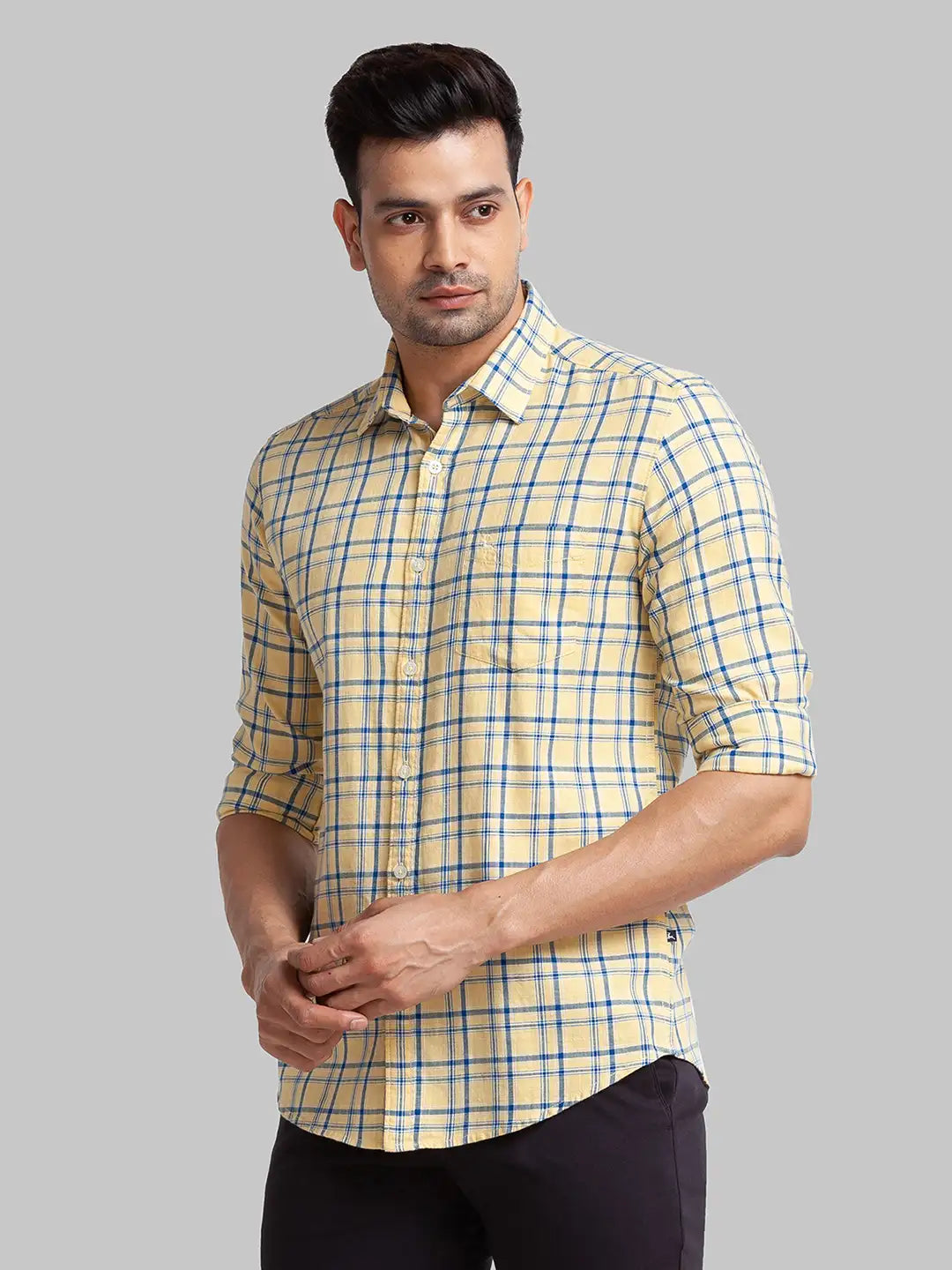 Parx Men Yellow Printed Slim Fit Cotton Full Sleeve Cut Away Collar Shirt